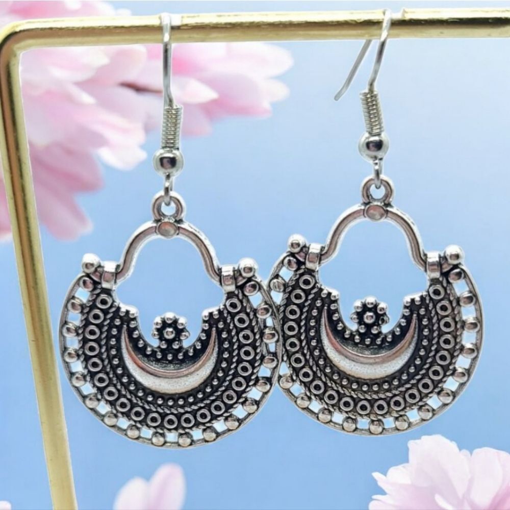 Egyptian Filagree Moon Flower Ancient Crescent Hoop Earrings Moroccan Jewelry